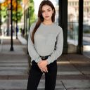 Gray Large Women's Long Sleeve Waffle Knit Top with Front Pocket Detail