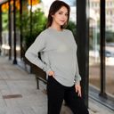 Gray Large Women's Long Sleeve Waffle Knit Top with Front Pocket Detail