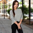 Gray Large Women's Long Sleeve Waffle Knit Top with Front Pocket Detail