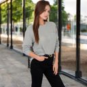 Gray Large Women's Long Sleeve Waffle Knit Top with Front Pocket Detail