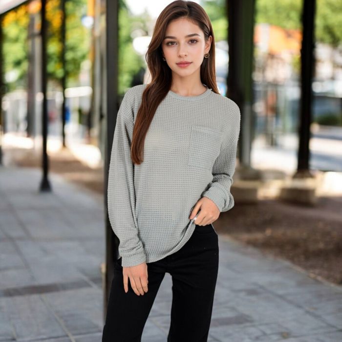 Women's Long Sleeve Waffle Knit Top with Front Pocket Detail