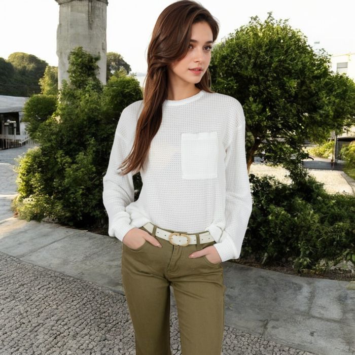 Women's Long Sleeve Waffle Knit Top with Front Pocket Detail