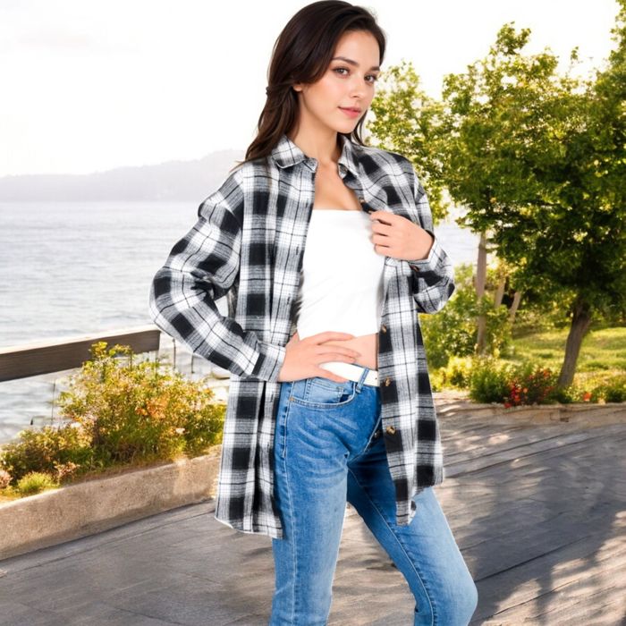 Long Sleeve Plaid Button-Up Shirt Jacket with Collared Neckline