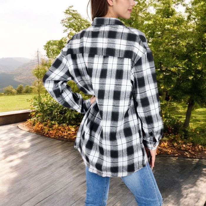 Long Sleeve Plaid Button-Up Shirt Jacket with Collared Neckline