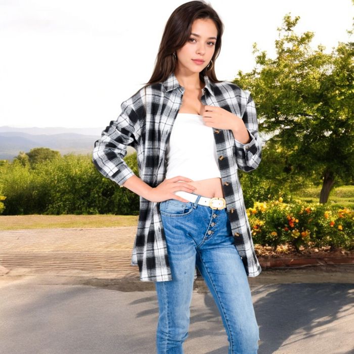 Long Sleeve Plaid Button-Up Shirt Jacket with Collared Neckline