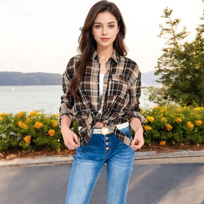 Long Sleeve Plaid Button-Up Shirt Jacket with Collared Neckline