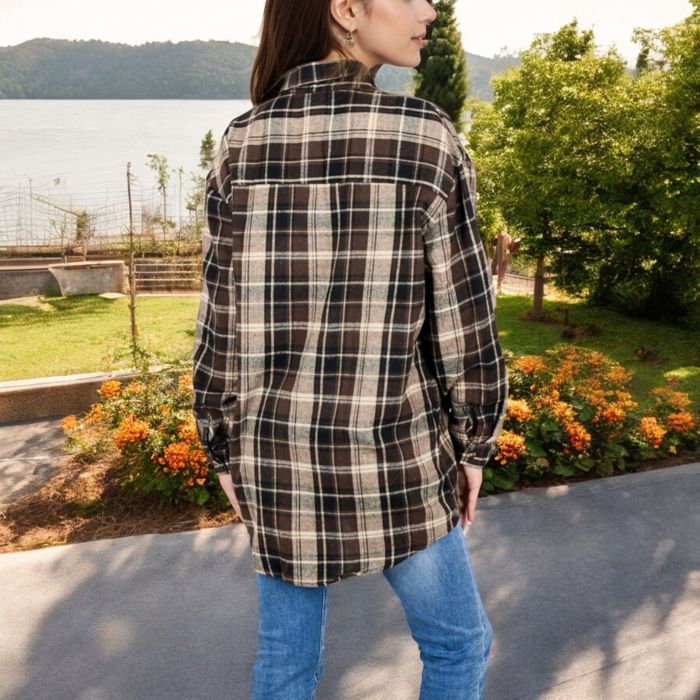 Long Sleeve Plaid Button-Up Shirt Jacket with Collared Neckline