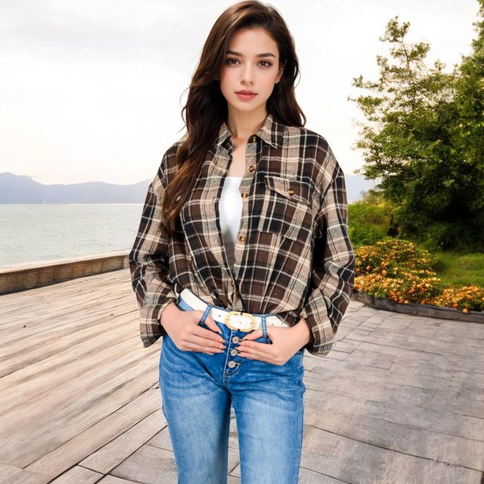 Long Sleeve Plaid Button-Up Shirt Jacket with Collared Neckline