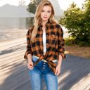 Brown Large Long Sleeve Plaid Button-Up Shirt Jacket with Collared Neckline