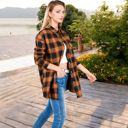 Brown Large Long Sleeve Plaid Button-Up Shirt Jacket with Collared Neckline