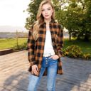 Brown Large Long Sleeve Plaid Button-Up Shirt Jacket with Collared Neckline