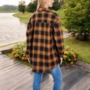 Brown Large Long Sleeve Plaid Button-Up Shirt Jacket with Collared Neckline