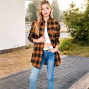 Brown Large Long Sleeve Plaid Button-Up Shirt Jacket with Collared Neckline