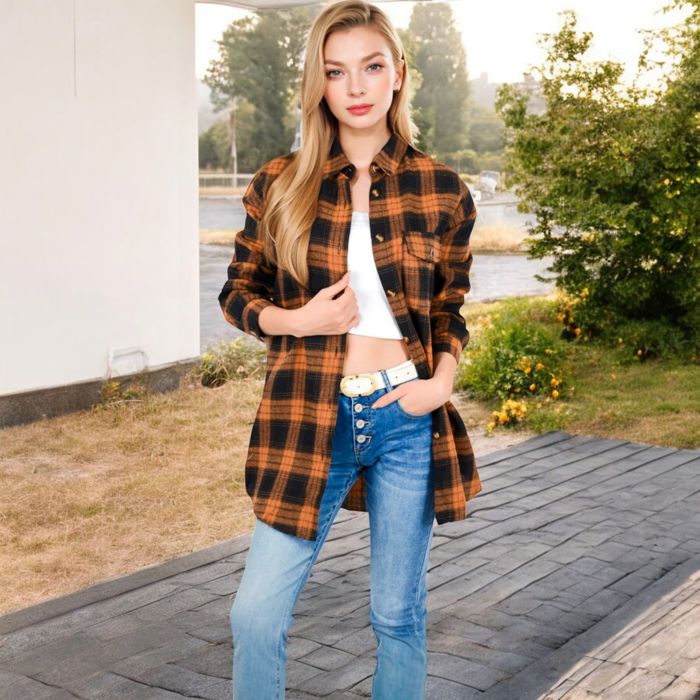 Long Sleeve Plaid Button-Up Shirt Jacket with Collared Neckline