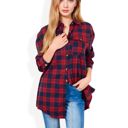 Red Large Long Sleeve Plaid Button-Up Shirt Jacket with Collared Neckline