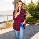 Red Large Long Sleeve Plaid Button-Up Shirt Jacket with Collared Neckline