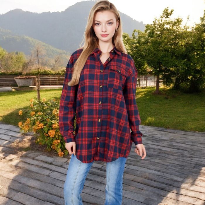 Long Sleeve Plaid Button-Up Shirt Jacket with Collared Neckline