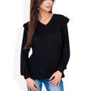 Black Large Long Sleeve V-Neck Top with Ruffled Shoulder Detail