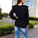 Black Large Long Sleeve V-Neck Top with Ruffled Shoulder Detail