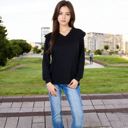 Black Large Long Sleeve V-Neck Top with Ruffled Shoulder Detail