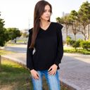 Black Medium Long Sleeve V-Neck Top with Ruffled Shoulder Detail