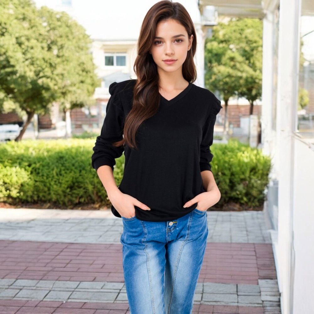 Long Sleeve V-Neck Top with Ruffled Shoulder Detail