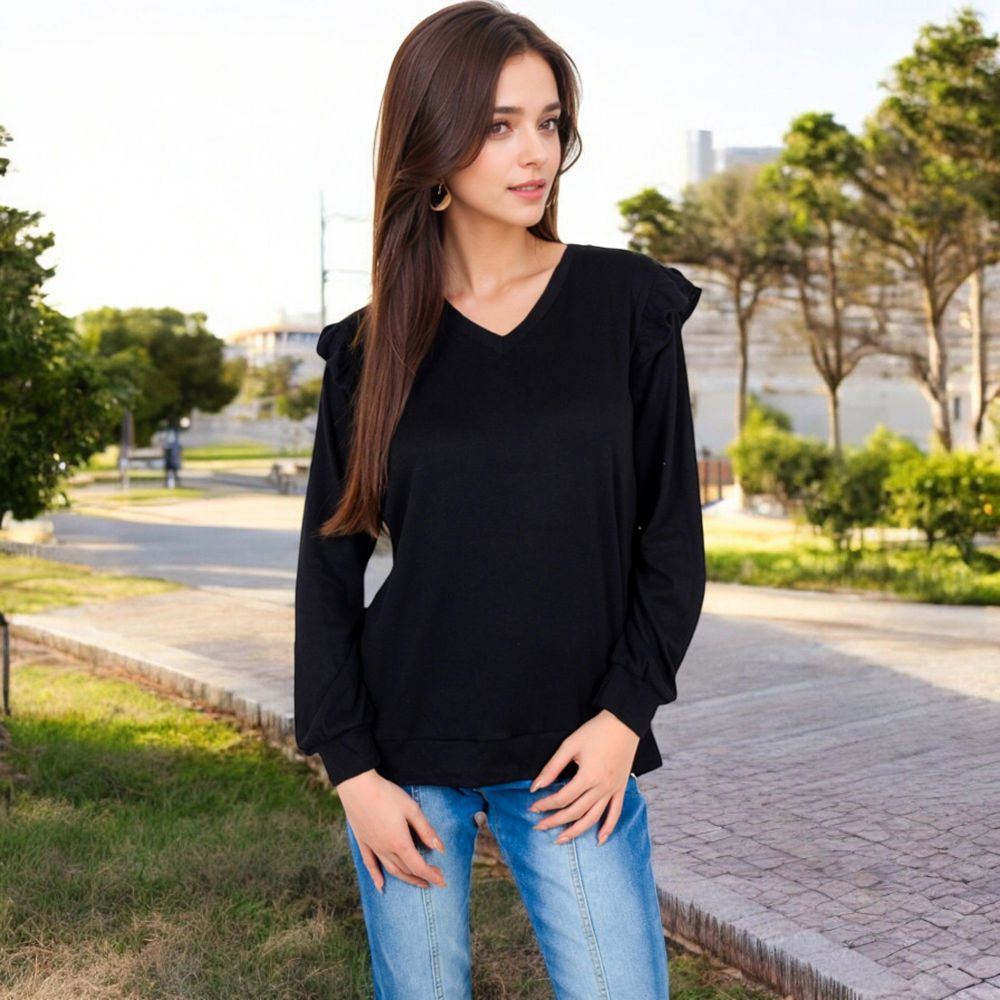 Long Sleeve V-Neck Top with Ruffled Shoulder Detail