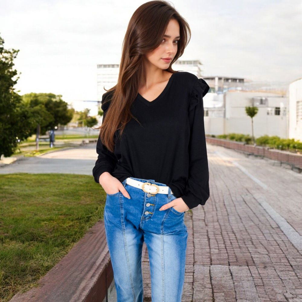 Long Sleeve V-Neck Top with Ruffled Shoulder Detail