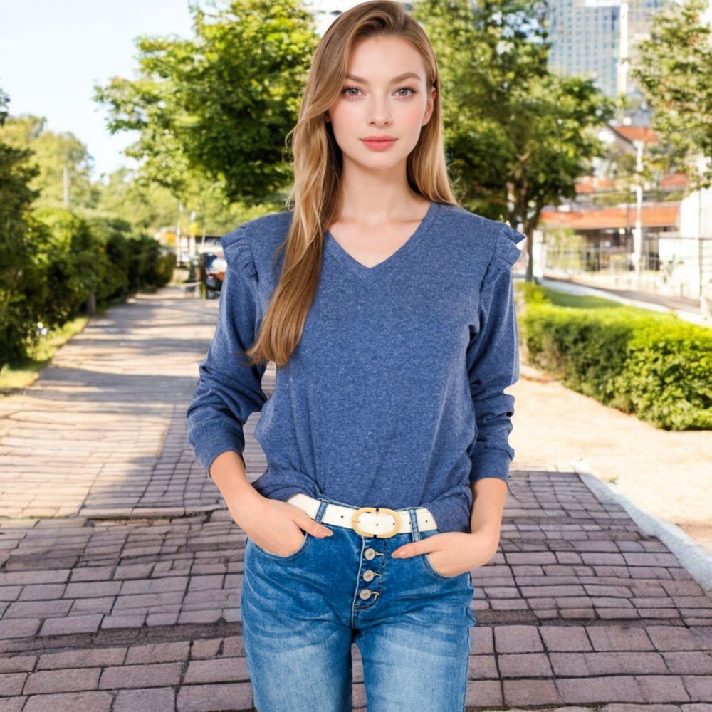 Long Sleeve V-Neck Top with Ruffled Shoulder Detail