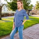 Blue Large Long Sleeve V-Neck Top with Ruffled Shoulder Detail