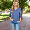 Blue Large Long Sleeve V-Neck Top with Ruffled Shoulder Detail