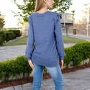 Blue Large Long Sleeve V-Neck Top with Ruffled Shoulder Detail