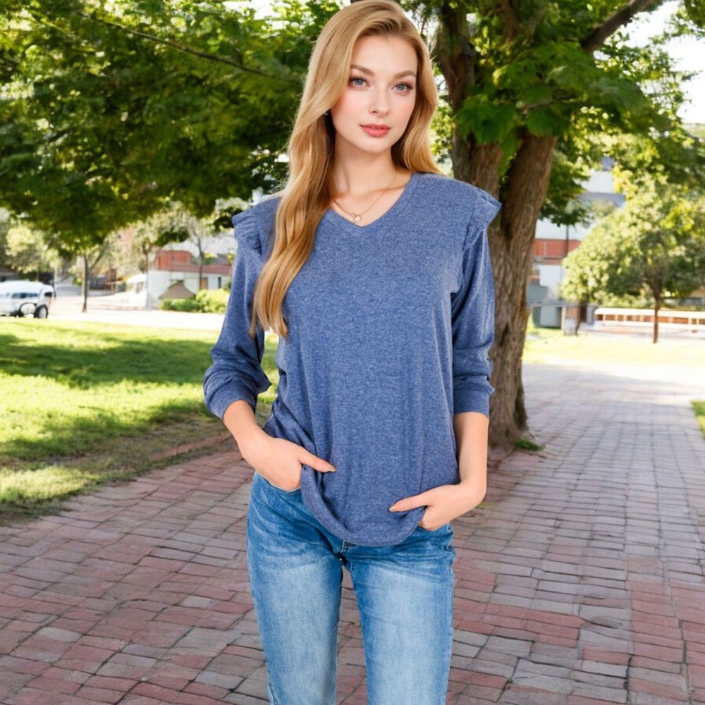 Long Sleeve V-Neck Top with Ruffled Shoulder Detail