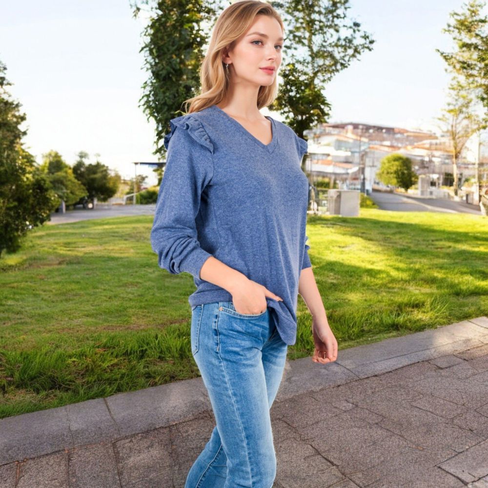 Long Sleeve V-Neck Top with Ruffled Shoulder Detail