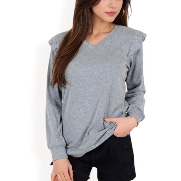 Long Sleeve V-Neck Top with Ruffled Shoulder Detail