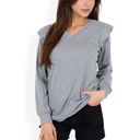 Gray Large Long Sleeve V-Neck Top with Ruffled Shoulder Detail