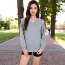 Gray Large Long Sleeve V-Neck Top with Ruffled Shoulder Detail