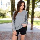 Gray Large Long Sleeve V-Neck Top with Ruffled Shoulder Detail