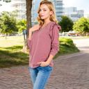 Pink Large Long Sleeve V-Neck Top with Ruffled Shoulder Detail