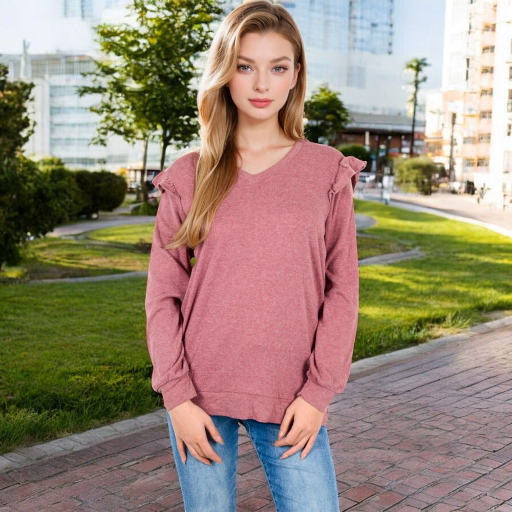 Long Sleeve V-Neck Top with Ruffled Shoulder Detail