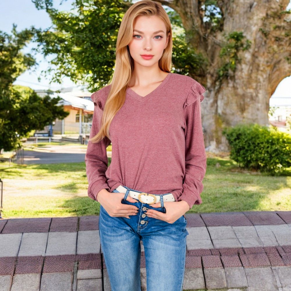 Long Sleeve V-Neck Top with Ruffled Shoulder Detail