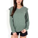 Green Large Long Sleeve V-Neck Top with Ruffled Shoulder Detail