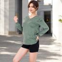 Green Large Long Sleeve V-Neck Top with Ruffled Shoulder Detail