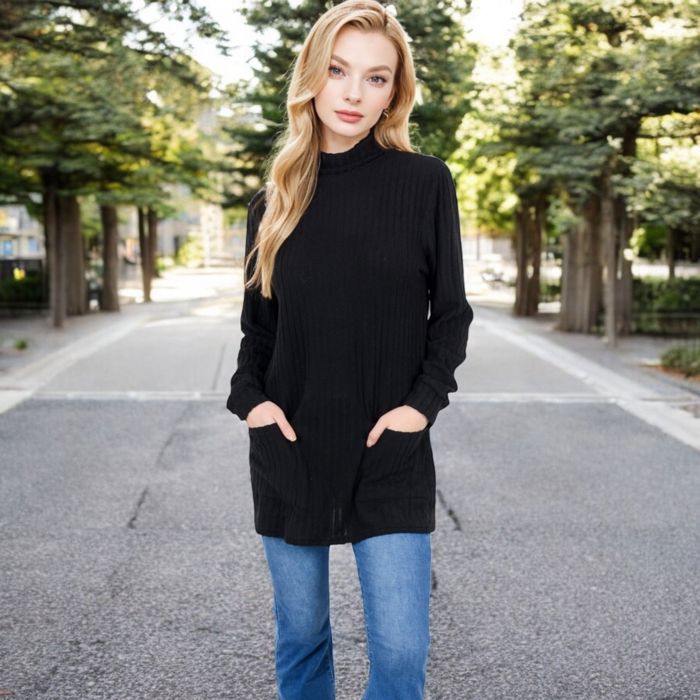 Women's Mock Neck Long Sleeve Ribbed Knit Tunic with Front Pockets
