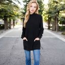 Black Medium Women's Mock Neck Long Sleeve Ribbed Knit Tunic with Front Pockets