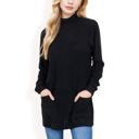 Black Small Women's Mock Neck Long Sleeve Ribbed Knit Tunic with Front Pockets