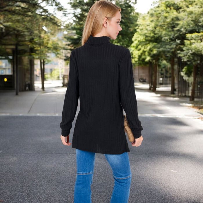 Women's Mock Neck Long Sleeve Ribbed Knit Tunic with Front Pockets