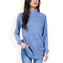 Blue Large Mock Neck Long Sleeve Ribbed Knit Tunic with Front Pockets