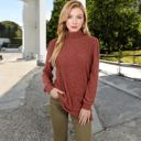 Brown Large Mock Neck Long Sleeve Ribbed Knit Tunic with Front Pockets