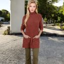 Brown Large Mock Neck Long Sleeve Ribbed Knit Tunic with Front Pockets